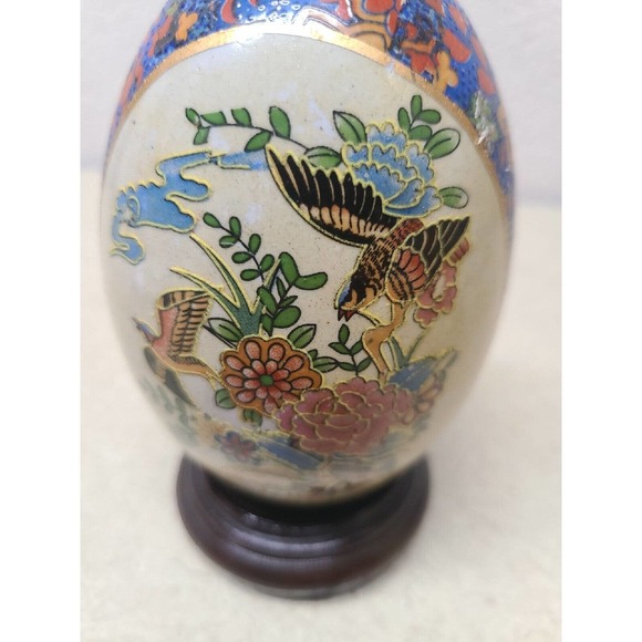 Golden Accented Oriental Birds Flowers Textured Porcelain Ceramic Egg with Stand - Picture 8 of 11